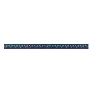 Knitted Mistletoe Pattern on Navy Blue Christmas Satin Ribbon