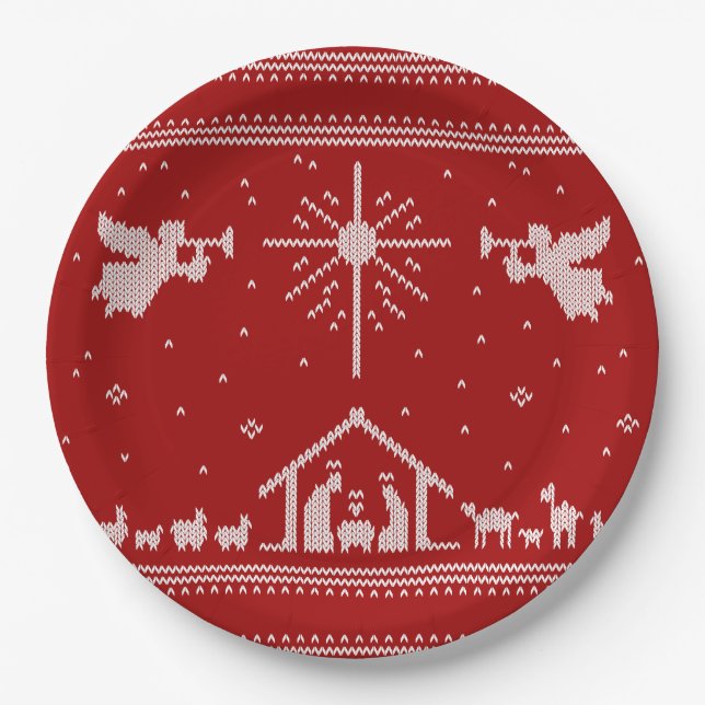 Knitted Nativity Ugly Christmas Sweater Religious Paper Plate (Front)