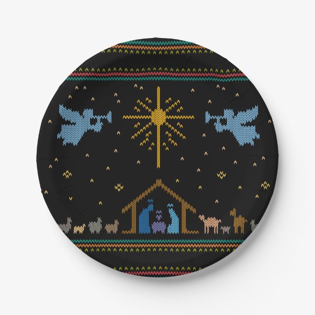 Knitted Nativity Ugly Christmas Sweater Religious Paper Plate (Front)
