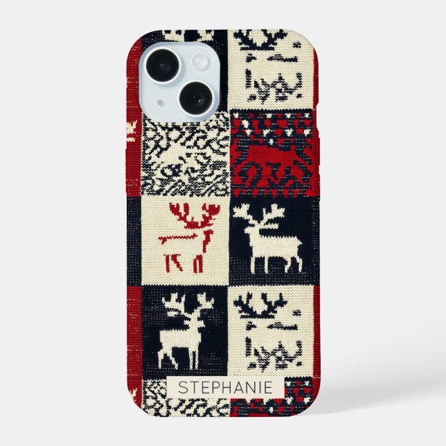 Knitted Patchwork Christmas Pattern | Rustic iPhone 15 Case (Back)