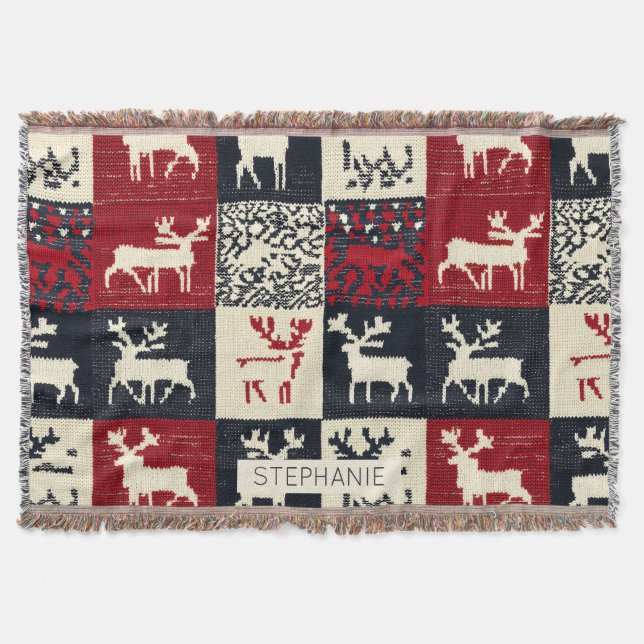 Knitted Patchwork Christmas Pattern | Rustic Throw Blanket (Front)