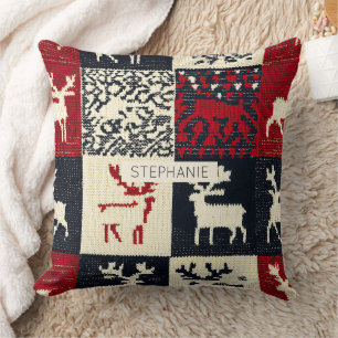 Knitted Patchwork Christmas Pattern Rustic Throw Pillow