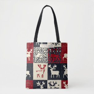 Knitted Patchwork Christmas Pattern Rustic Tote Bag