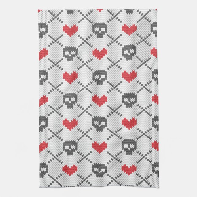 Knitted pattern with skulls kitchen towel (Vertical)