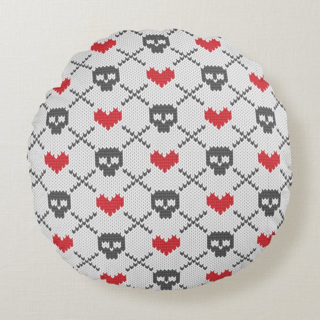 Knitted pattern with skulls round pillow (Front)