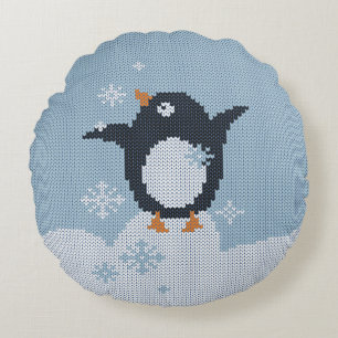 Knitted Penguin Snowflakes Winter Holidays Round Pillow