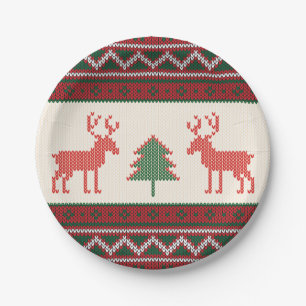 Knitted Reindeer Christmas Tree Pattern Holidays Paper Plate