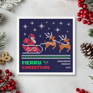 Knitted Santa Sleigh on Navy Blue Merry Christmas  Napkin
