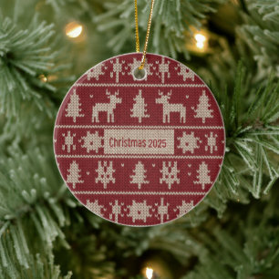 Knitted Sweater Pattern Classic Red & Cream Fair Ceramic Ornament