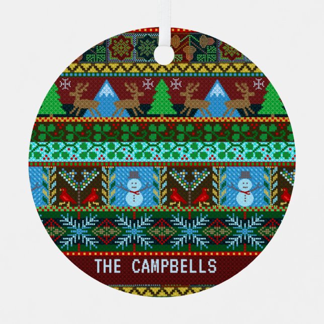 Knitted Ugly Christmas Sweater Reindeer | Name Metal Ornament (Front)