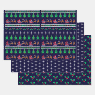 Knitted Ugly Sweater Pattern  Navy Blue Christmas Wrapping Paper Sheet