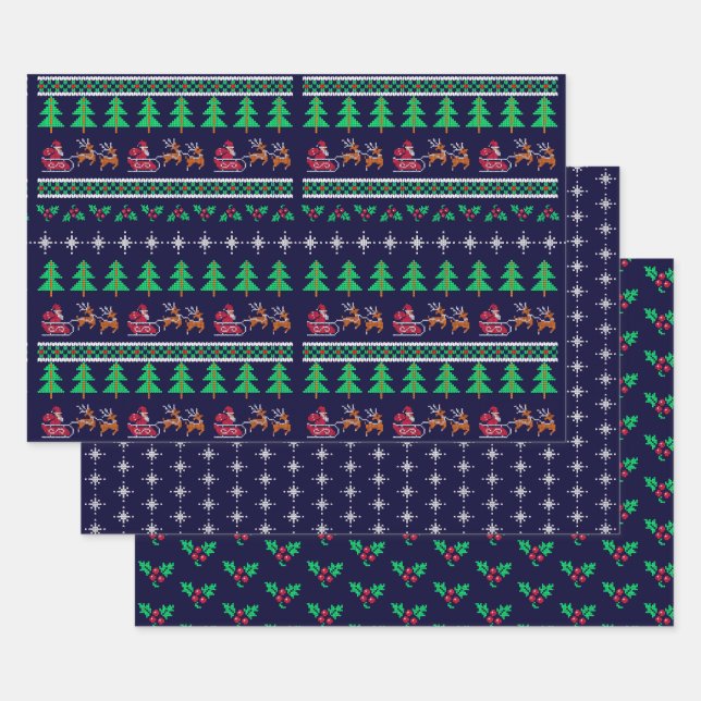 Knitted Ugly Sweater Pattern  Navy Blue Christmas Wrapping Paper Sheet (Set)
