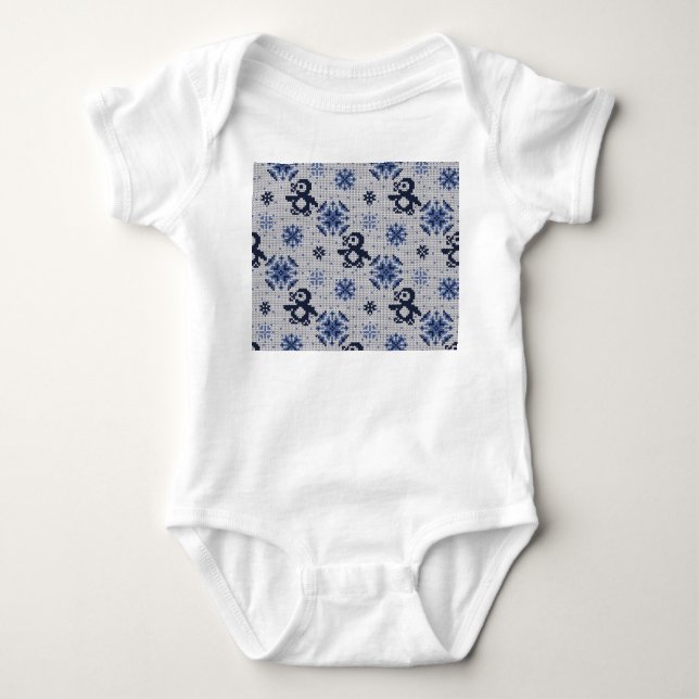 Knitted Winter Penguins Decorative Pattern Baby Bodysuit (Front)