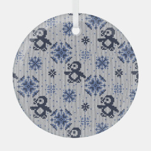 Knitted Winter Penguins Decorative Pattern Glass Ornament