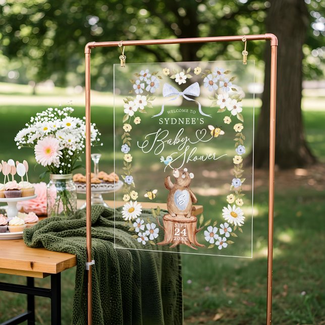 Knitted Woodland Bear Floral Baby Shower Welcome Acrylic Sign (Knitted Woodland Bear Floral Baby Shower Welcome Acrylic Sign)