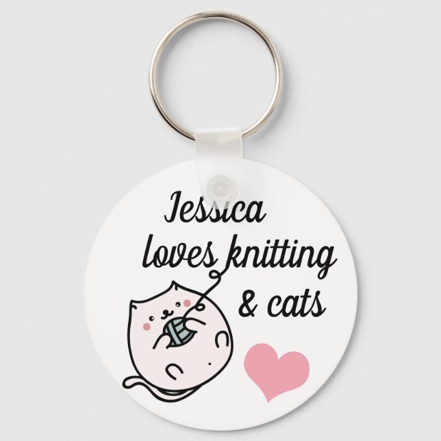 Knitters and Cat Lovers Cute Personalised Keychain (Front)