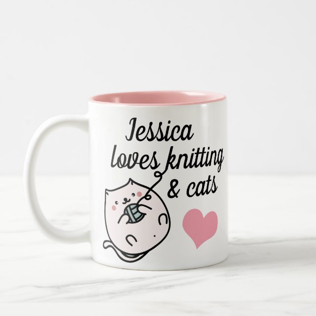 Knitters and Cat Lovers Cute Personalised Two-Tone Coffee Mug (Left)