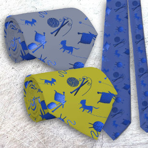 Knitters Cravate Aiguilles en fil Chats Motif bleu