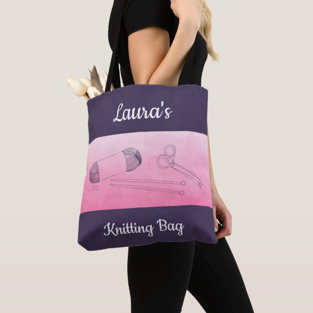 Knitting Bag, Personalized, Purple & Pink Tote Bag (Close Up)