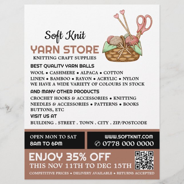 Knitting Basket, Knitting Store, Yarn Store Flyer (Front)
