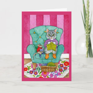 Knitting cat and mouse greeting or note card