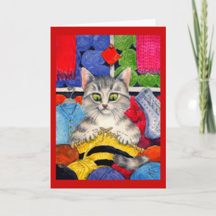 Knitting cat greeting or note card
