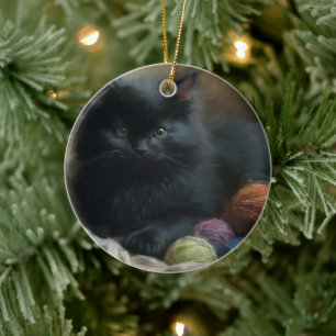 Knitting Companion Black Kitten With Yarn Ceramic Ornament