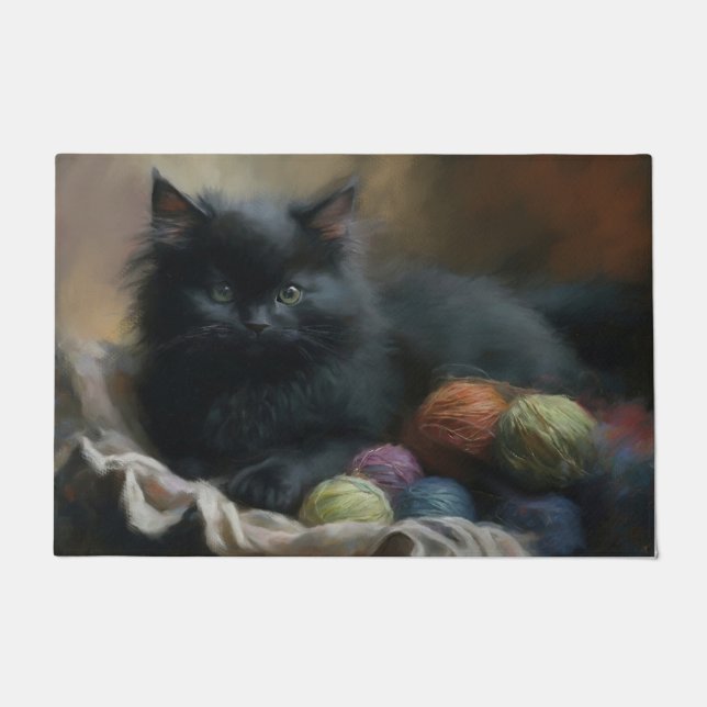 Knitting Companion Black Kitten With Yarn Doormat (Front)