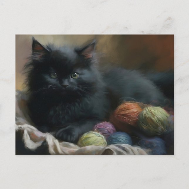 Knitting Companion Black Kitten With Yarn Postcard (Front)