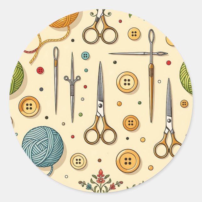 Knitting Crochet Sewing Tools Pattern Classic Round Sticker (Front)