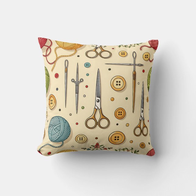 Knitting Crochet Sewing Tools Pattern Throw Pillow (Front)