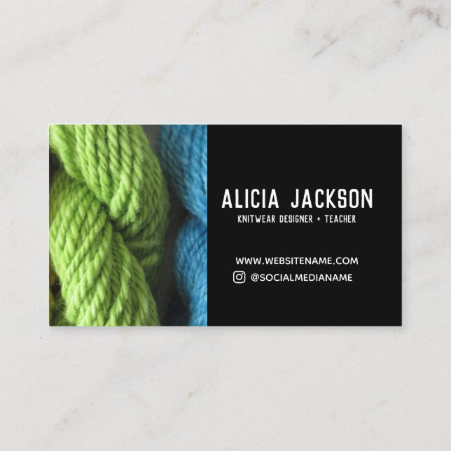 Knitting Green Blue Black Yarn Personalized Business Card (Back)