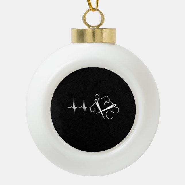 Knitting - Knitting Needles Heartbeat Ceramic Ball Christmas Ornament (Front)