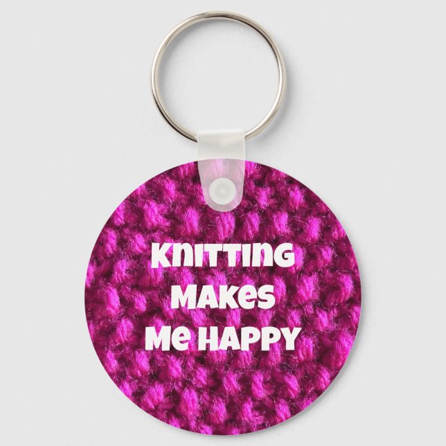 Knitting Makes Me Happy Pink Yarn Keychain (Front)
