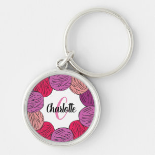 Knitting purple & pink wool gift Button Key Ring