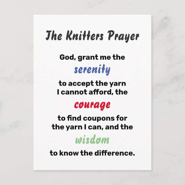 Knitting Serenity Prayer Joke Postcard (Front)