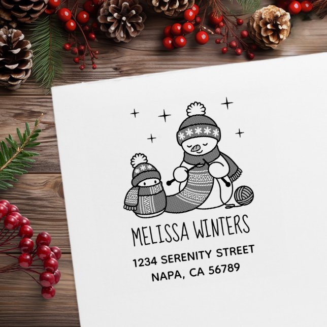 Knitting Snowman Christmas Custom Return Address Rubber Stamp (Creator Uploaded)