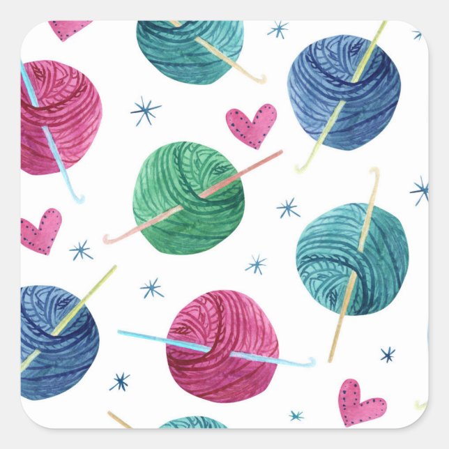 Knitting theme, watercolor seamless pattern. square sticker (Front)