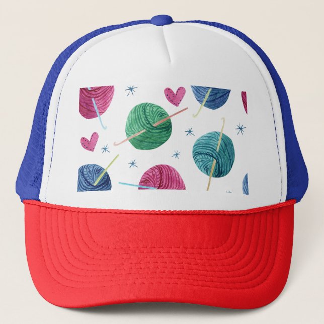 Knitting theme, watercolor seamless pattern. trucker hat (Front)