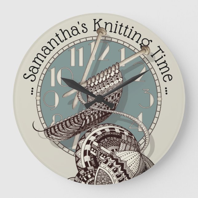 Knitting Time Doodle Art Illustration Large Clock (Front)