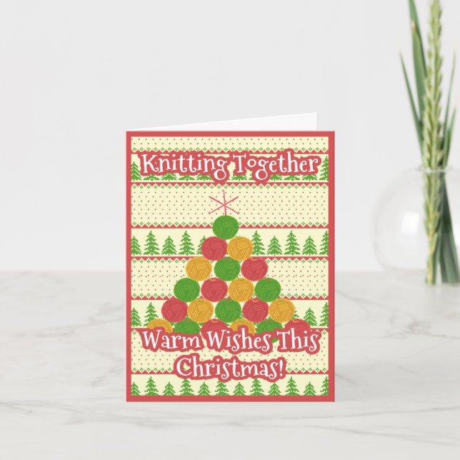 Knitting Together Festive Retro Yarn Christmas Holiday Card (Front)