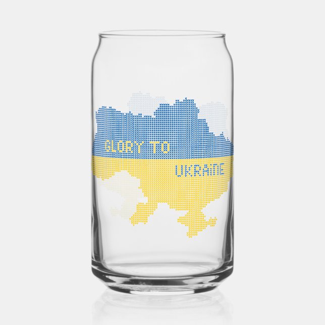 Knitting Ukrainian state map text Glory to Ukraine Can Glass (Front)