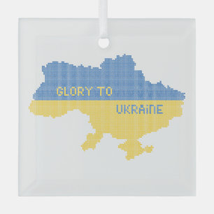 Knitting Ukrainian state map text Glory to Ukraine Glass Ornament