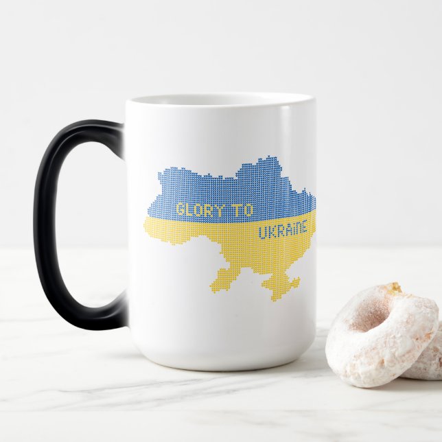 Knitting Ukrainian state map text Glory to Ukraine Magic Mug (With Donut)
