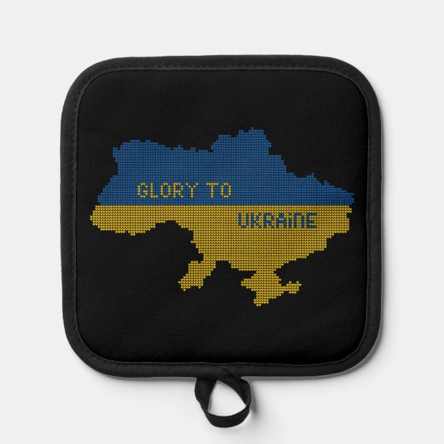 Knitting Ukrainian state map text Glory to Ukraine Pot Holder (Front)