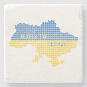 Knitting Ukrainian state map text Glory to Ukraine Stone Coaster