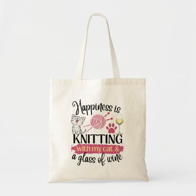 Knitting with my cat and wine tote bag (Front)