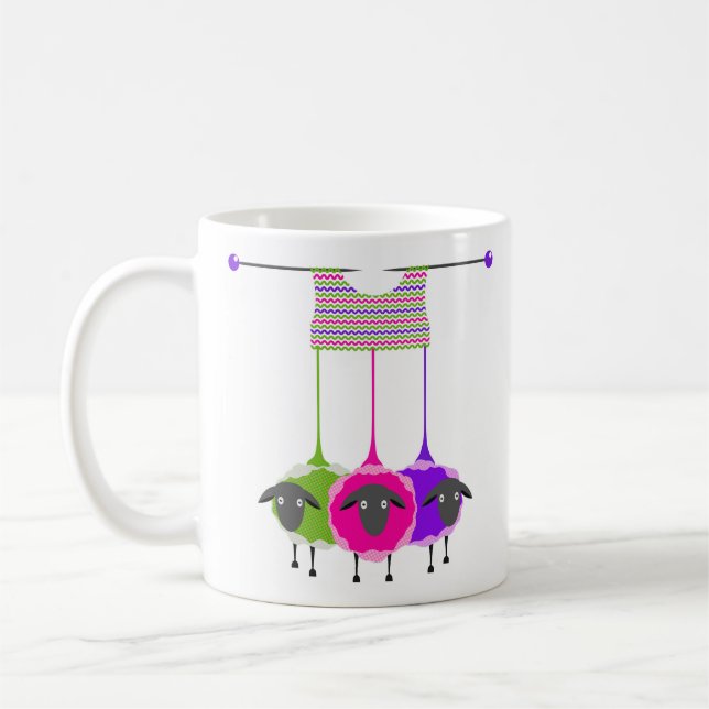 Knitting with Sheep in Green, Pink & Purple Design Coffee Mug (Left)