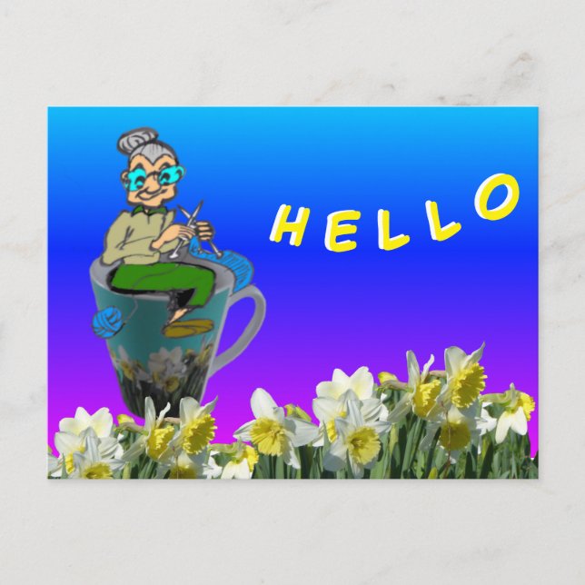 Knitting Woman on Daffodils Mug HELLO Postcard (Front)