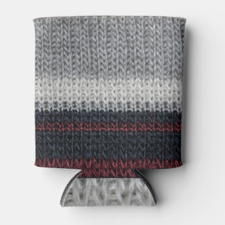 Knitting wool: red, white stripes. can cooler